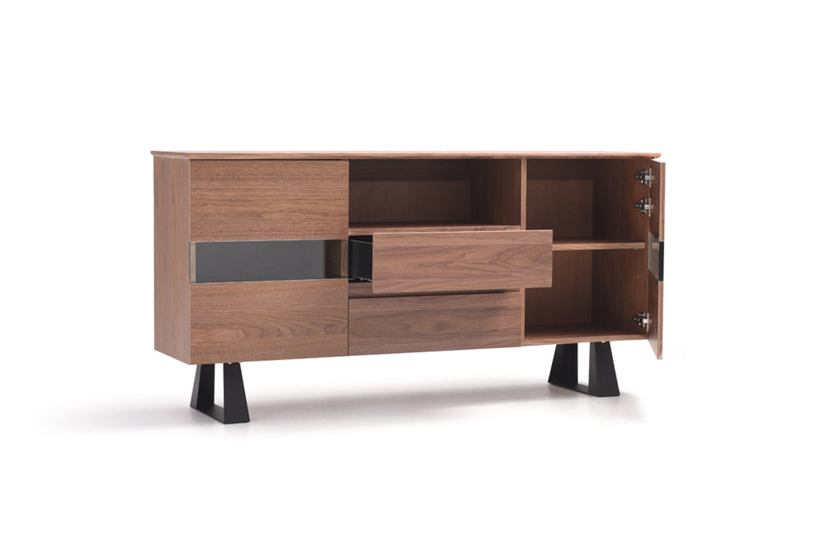 32" Walnut Veneer  Metal  and Glass Buffet