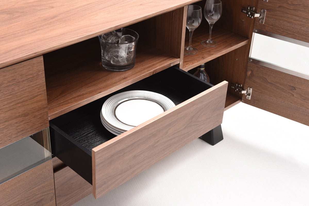 32" Walnut Veneer  Metal  and Glass Buffet
