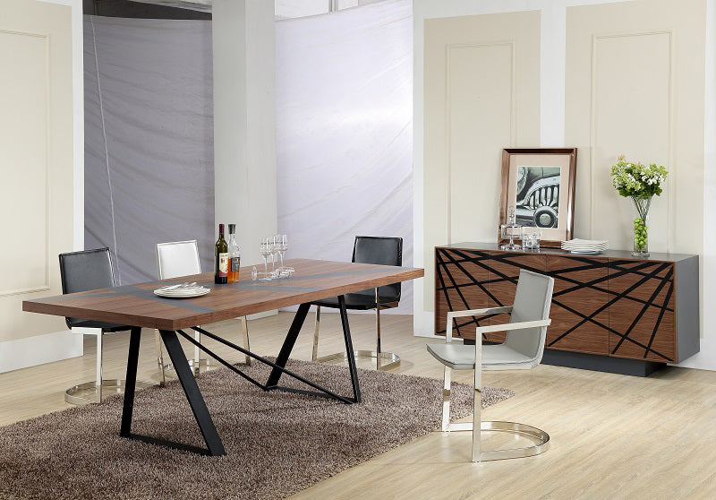 30" Walnut Veneer and Grey Stainless Steel Dining Table