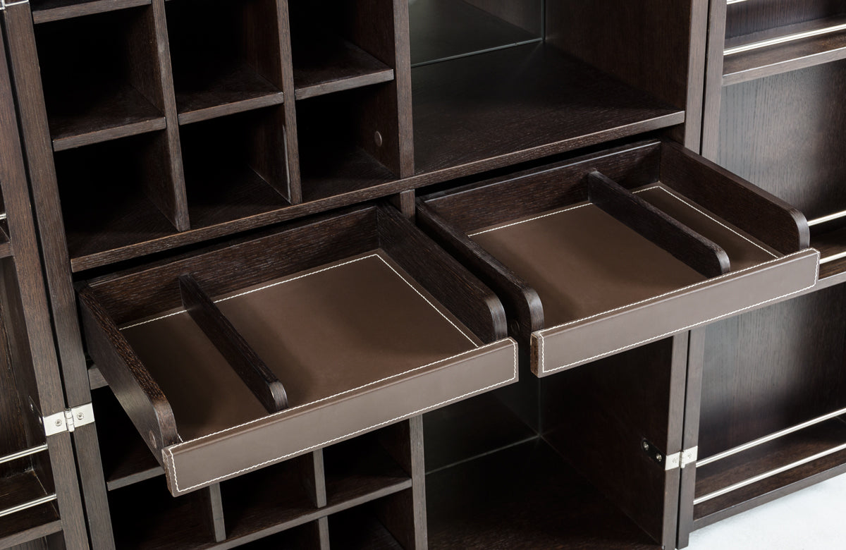 47" Brown Oak Veneer and Leatherette Wine Cabinet