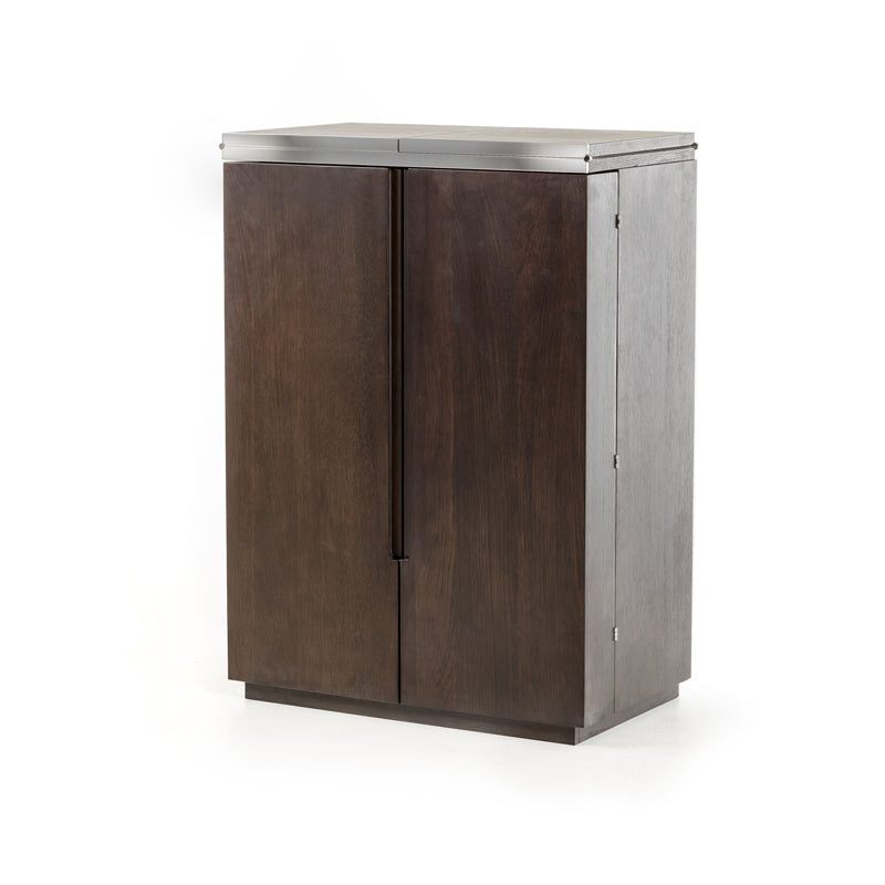 47" Brown Oak Veneer and Leatherette Wine Cabinet