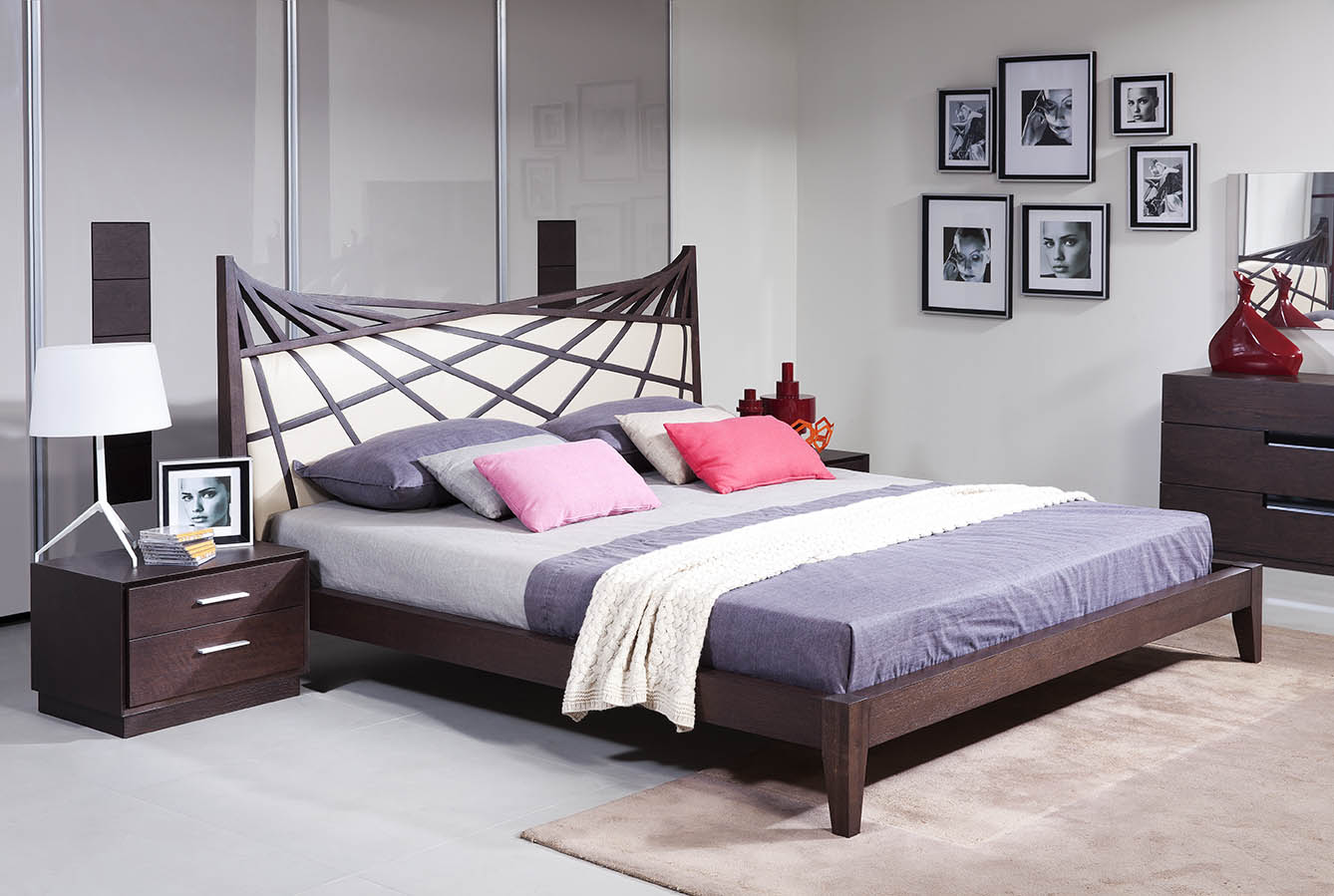 47" Brown Veneer and Beige Bonded Leather Queen Bed