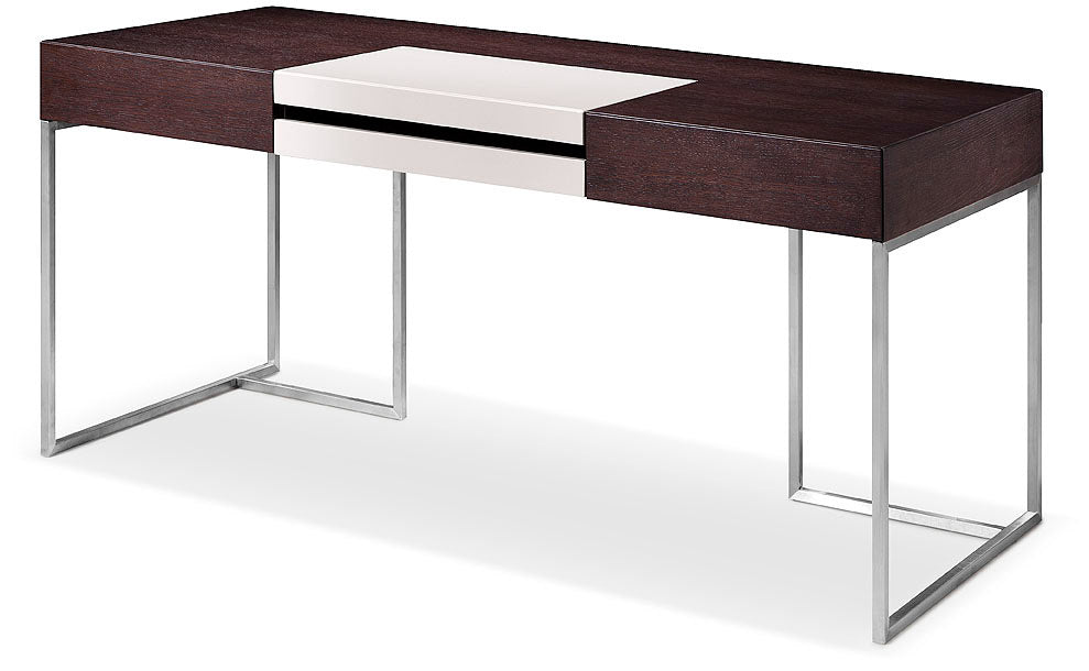 30" Brown Oak and Grey Veneer  MDF  Glass  and Stainless Steel Desk