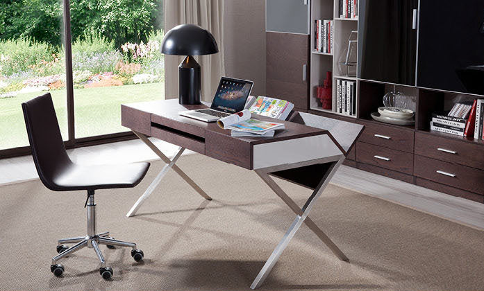 30" Brown Oak and Grey Veneer and Stainless Steel Office Desk