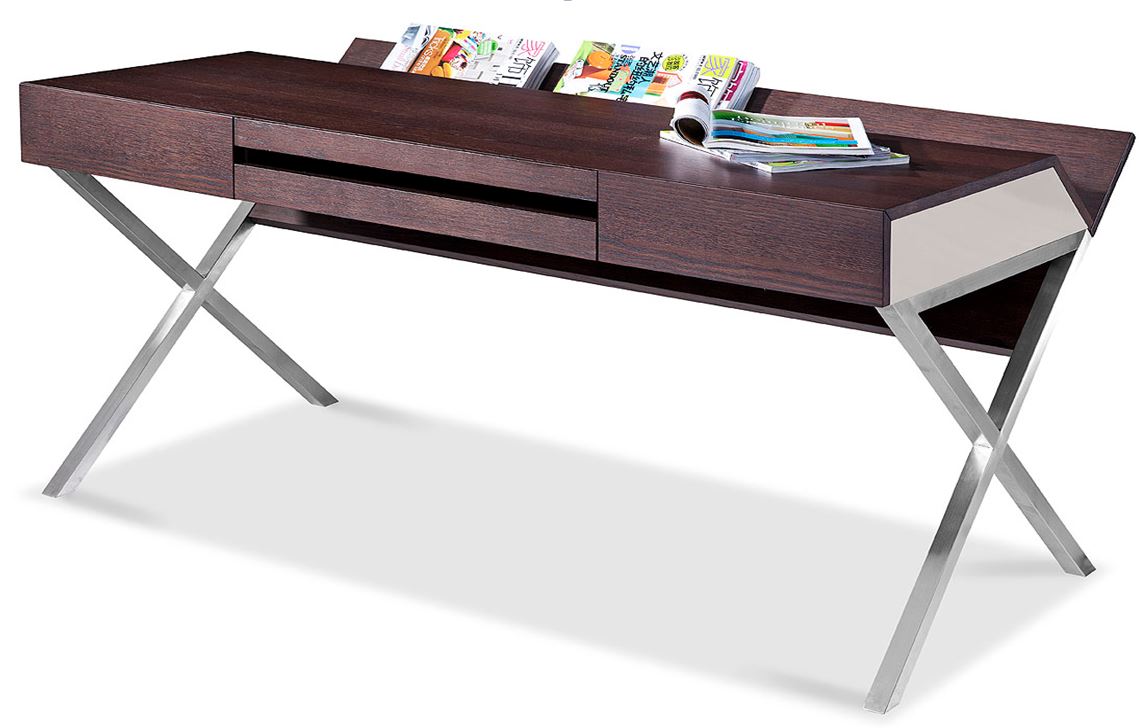30" Brown Oak and Grey Veneer and Stainless Steel Office Desk