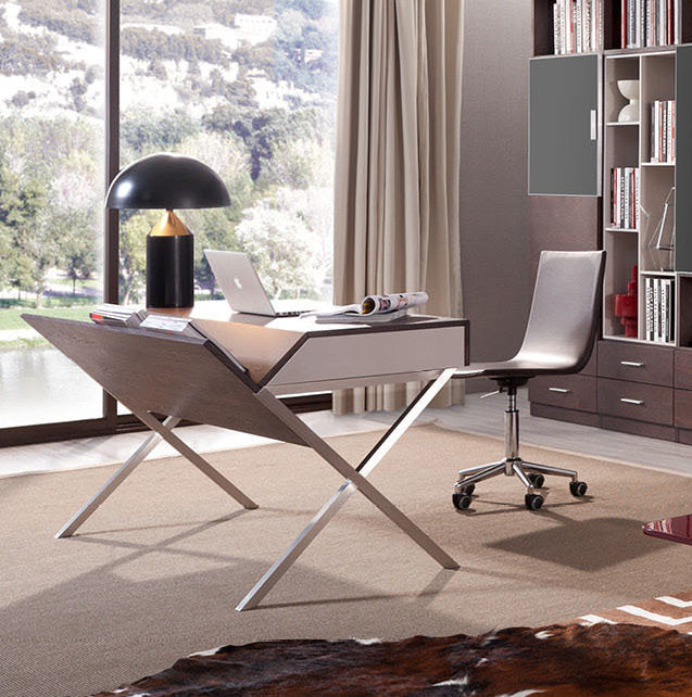 30" Brown Oak and Grey Veneer and Stainless Steel Office Desk