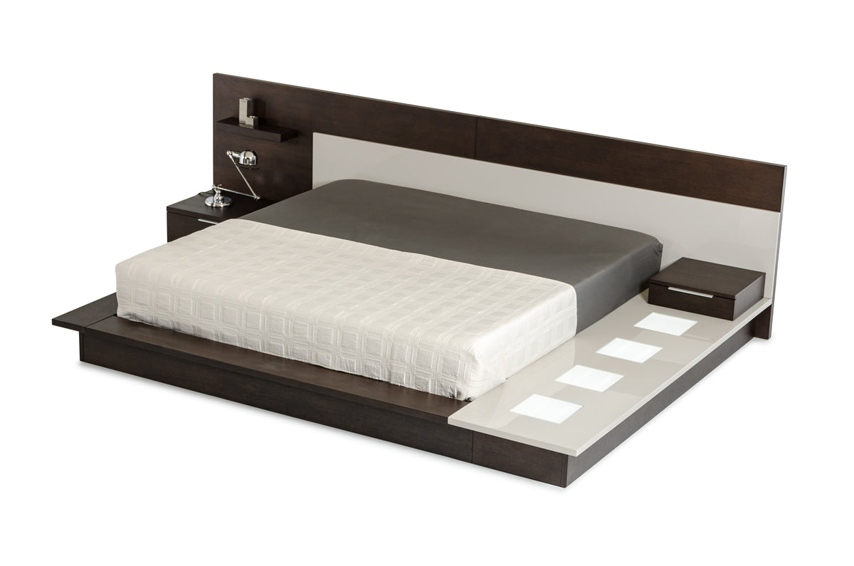 34" Brown Oak and Grey  Veneer Platfrom Queen Bed with Lights