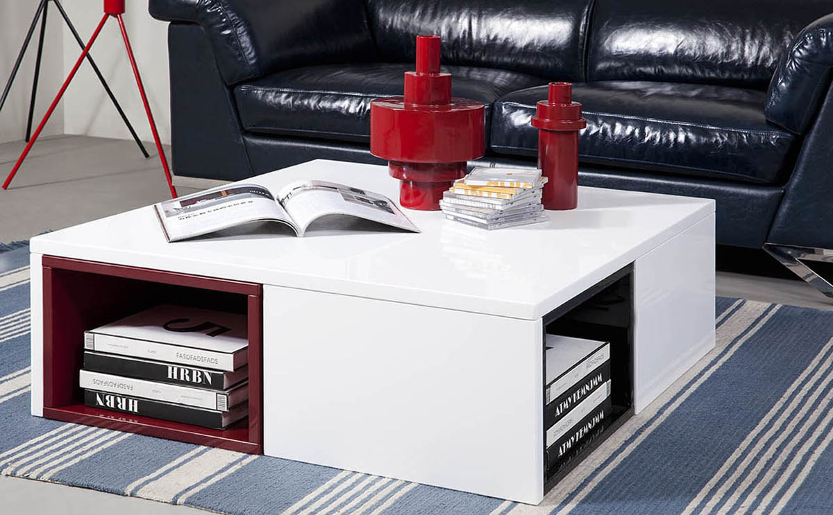 12" White Coffee Table with Colored Stools