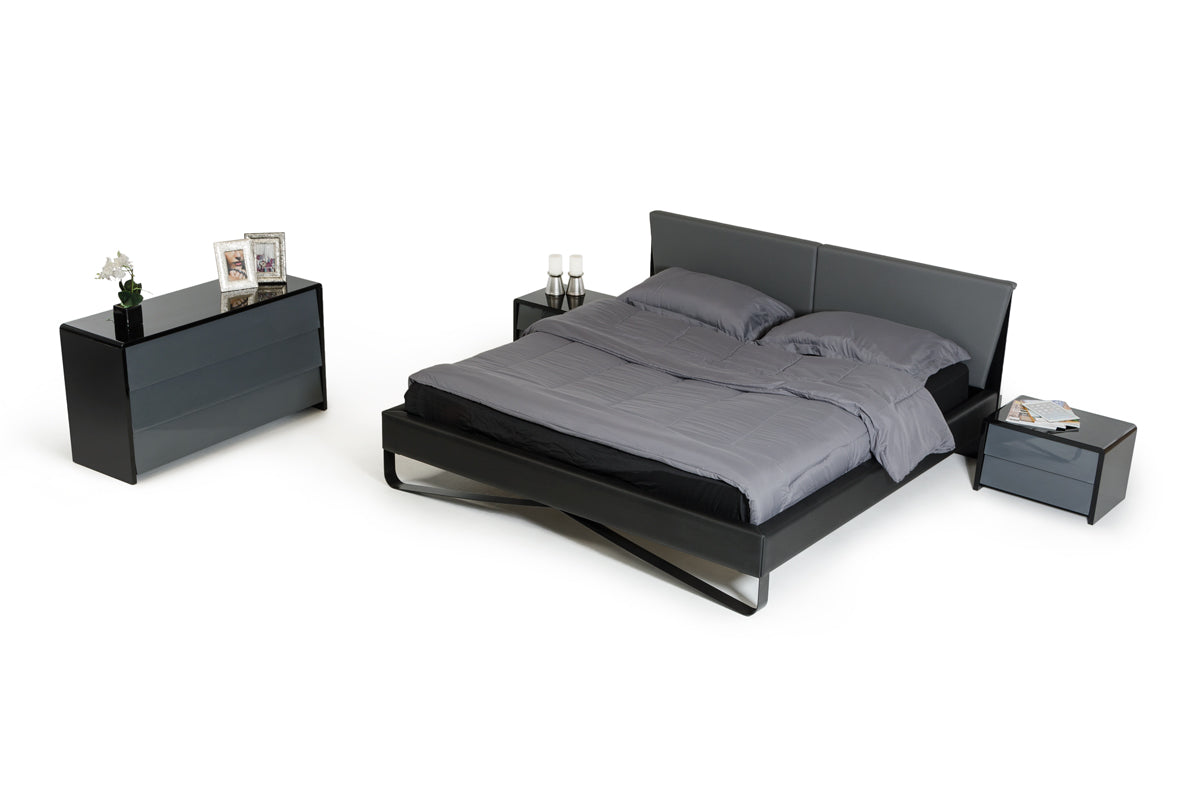 37" Grey and Black Leatherette and Metal Queen Bed