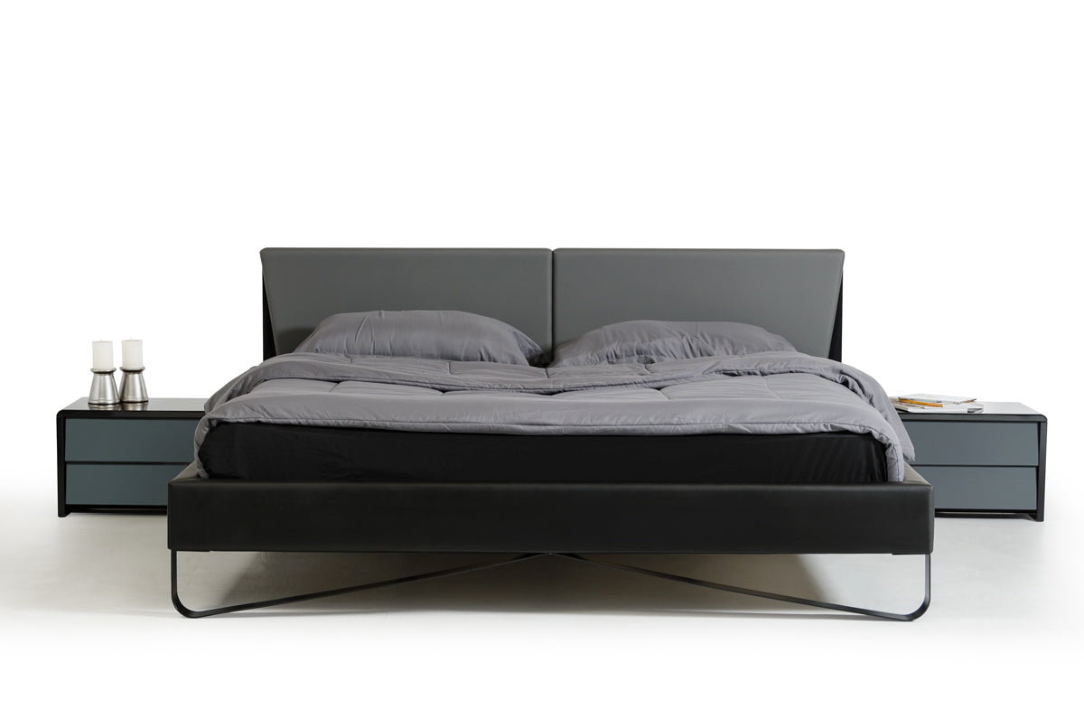 37" Grey and Black Leatherette and Metal Queen Bed