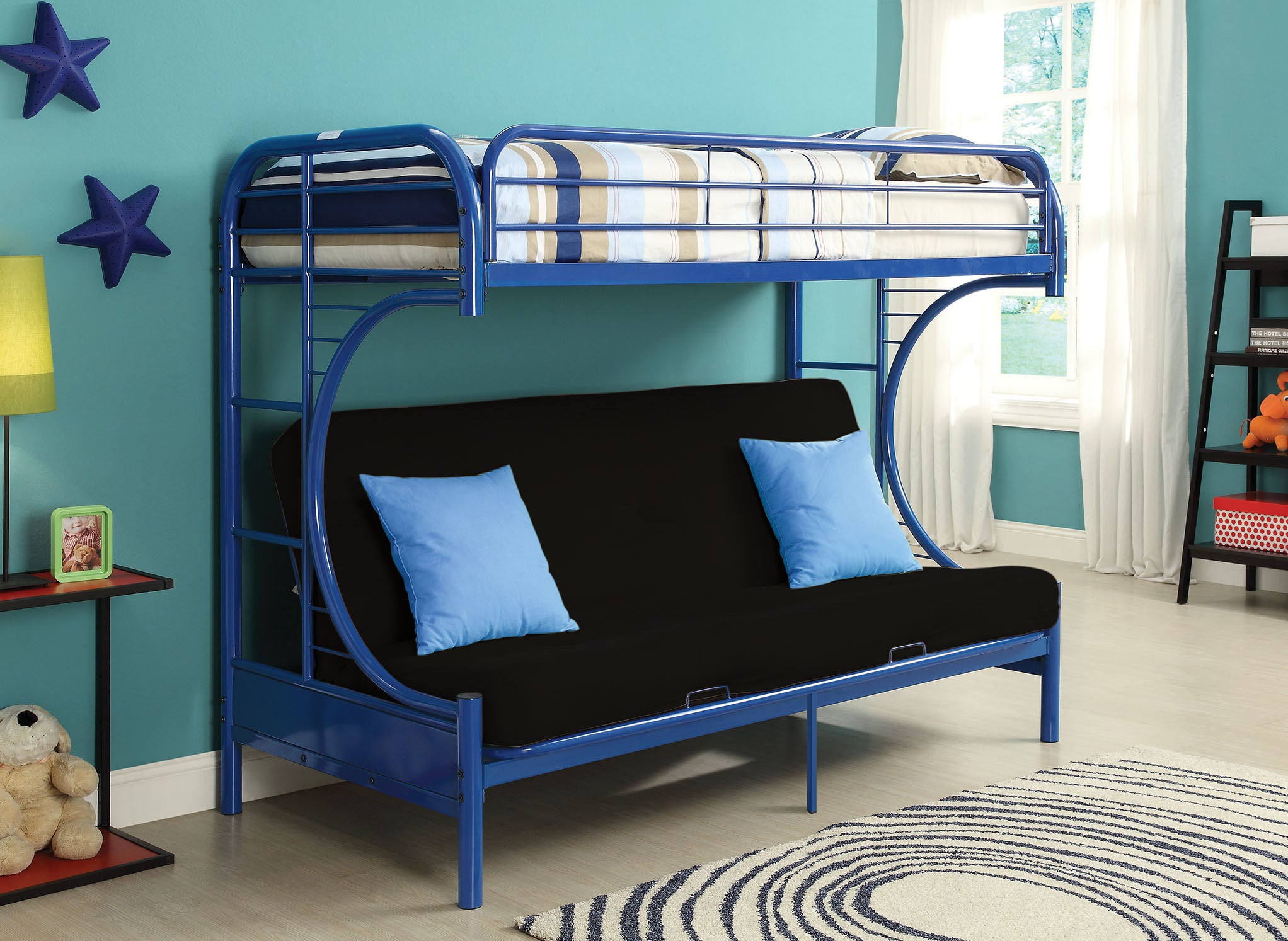84" X 62" X 65" Twin Xl Over Queen Blue Metal Tube Futon Bunk Bed