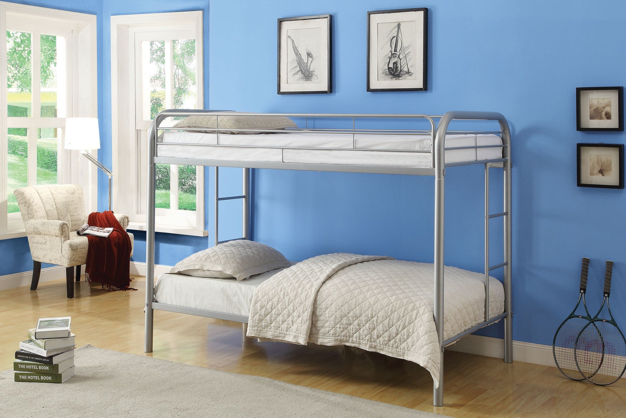 78" X 41" X 60" Twin Over Twin Silver Metal Tube Bunk Bed