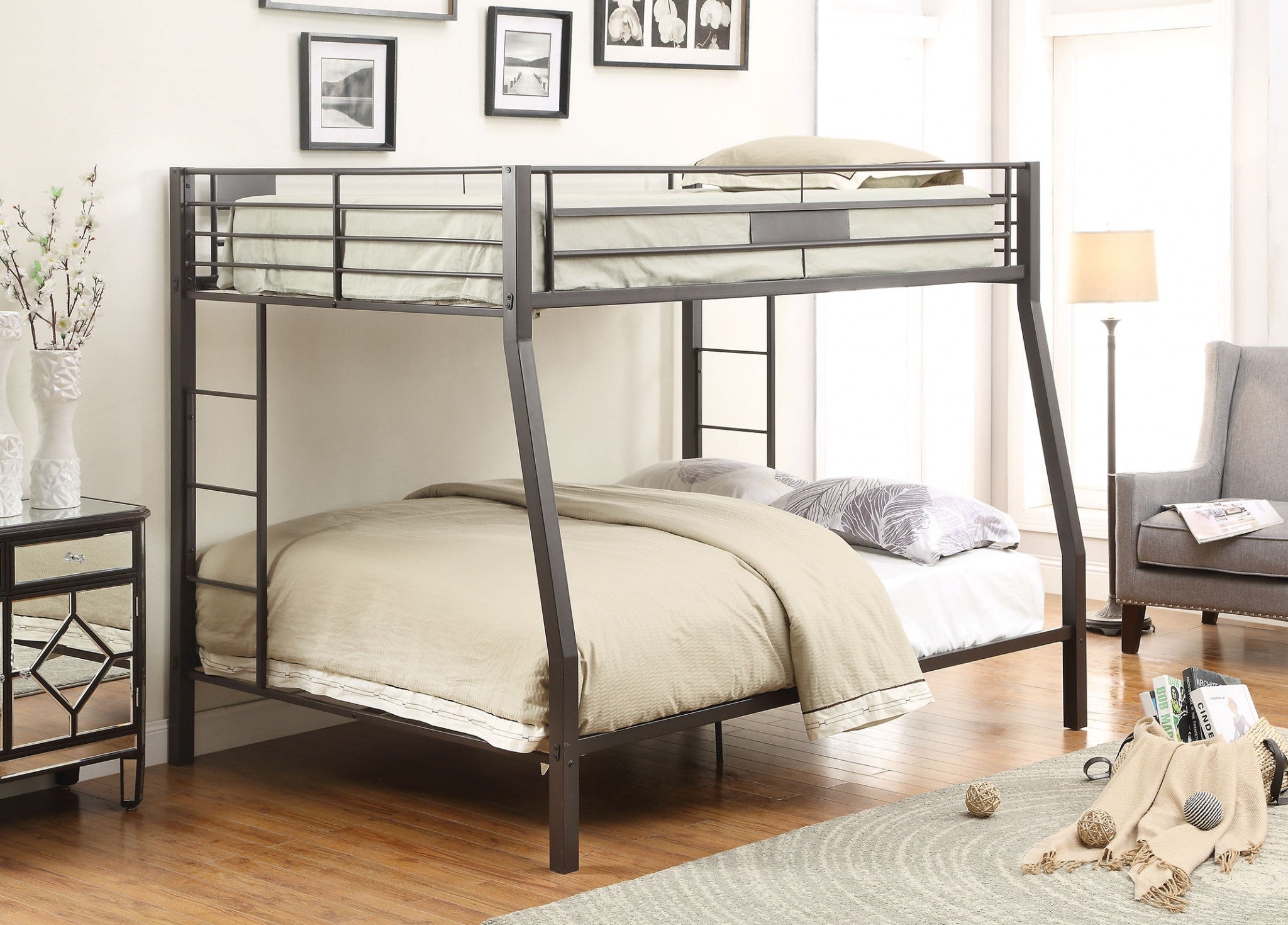 Sandy Black Metal Finish Twin over Full Bunk Bed with Builtin Side Laddders