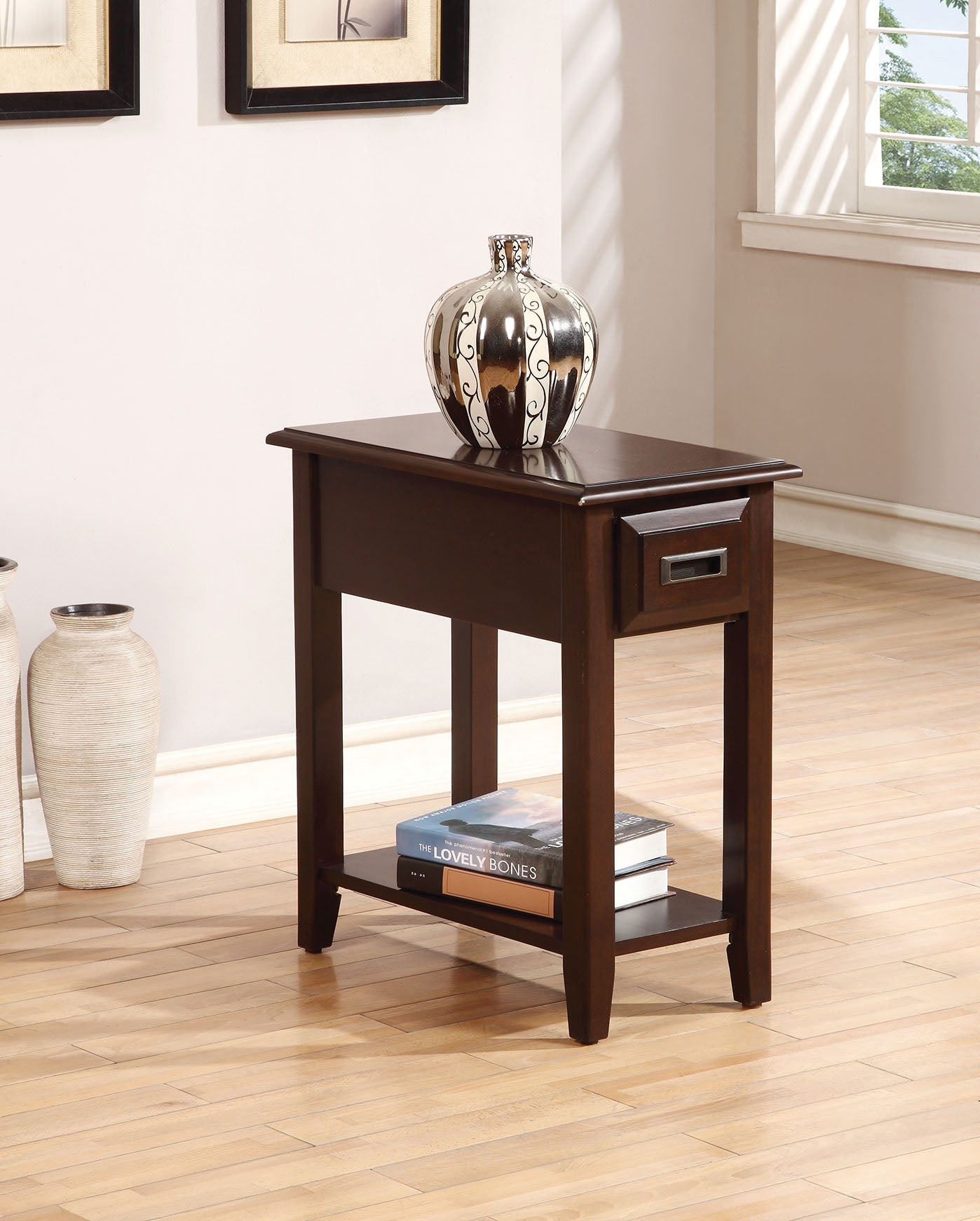 12" X 22" X 23" Dark Cherry Rubber Wood Side Table
