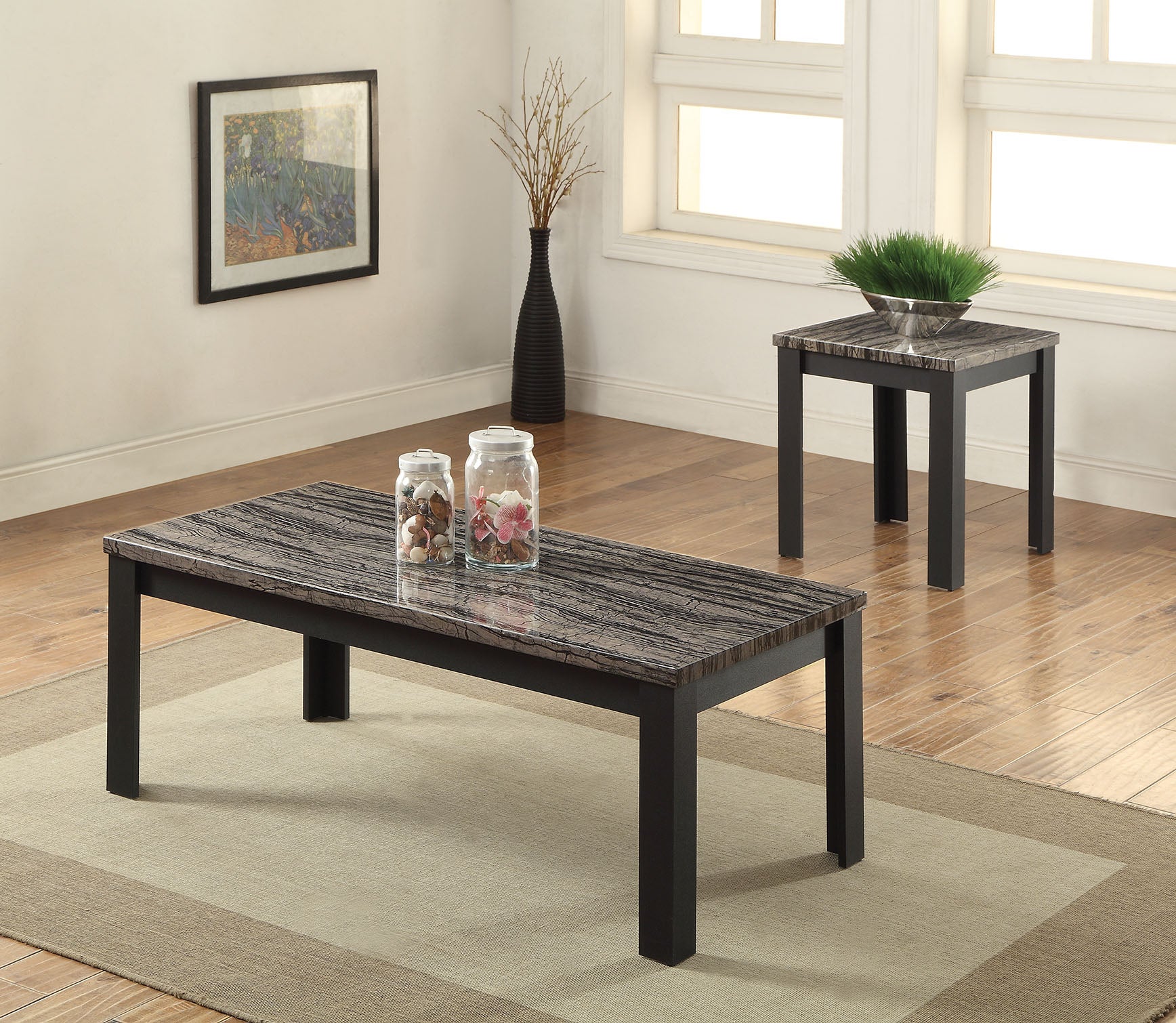 48" X 24" X 18" 2Pc Faux Marble And Black Pack Coffee And End Table Set