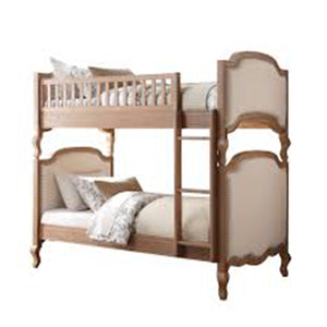 82" X 44" X 73" Twin Over Twin Cream Linen Salvage Oak Fabric Bunk Bed