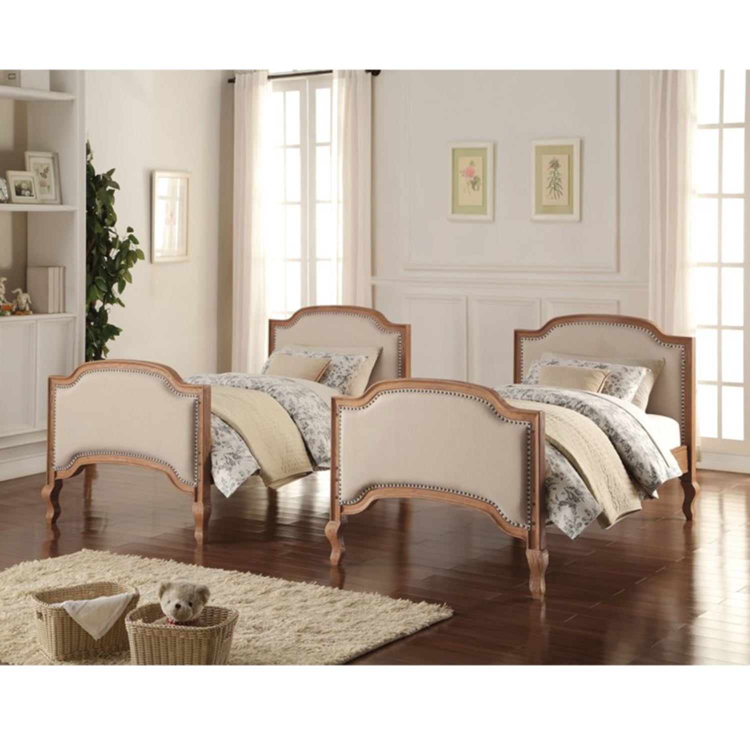 82" X 44" X 73" Twin Over Twin Cream Linen Salvage Oak Fabric Bunk Bed