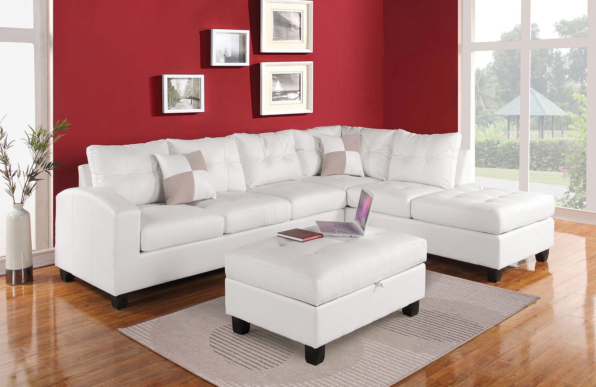 78" X 33" X 34" White Bonded Leather Reversible Sectional Sofa With 2 Pillows