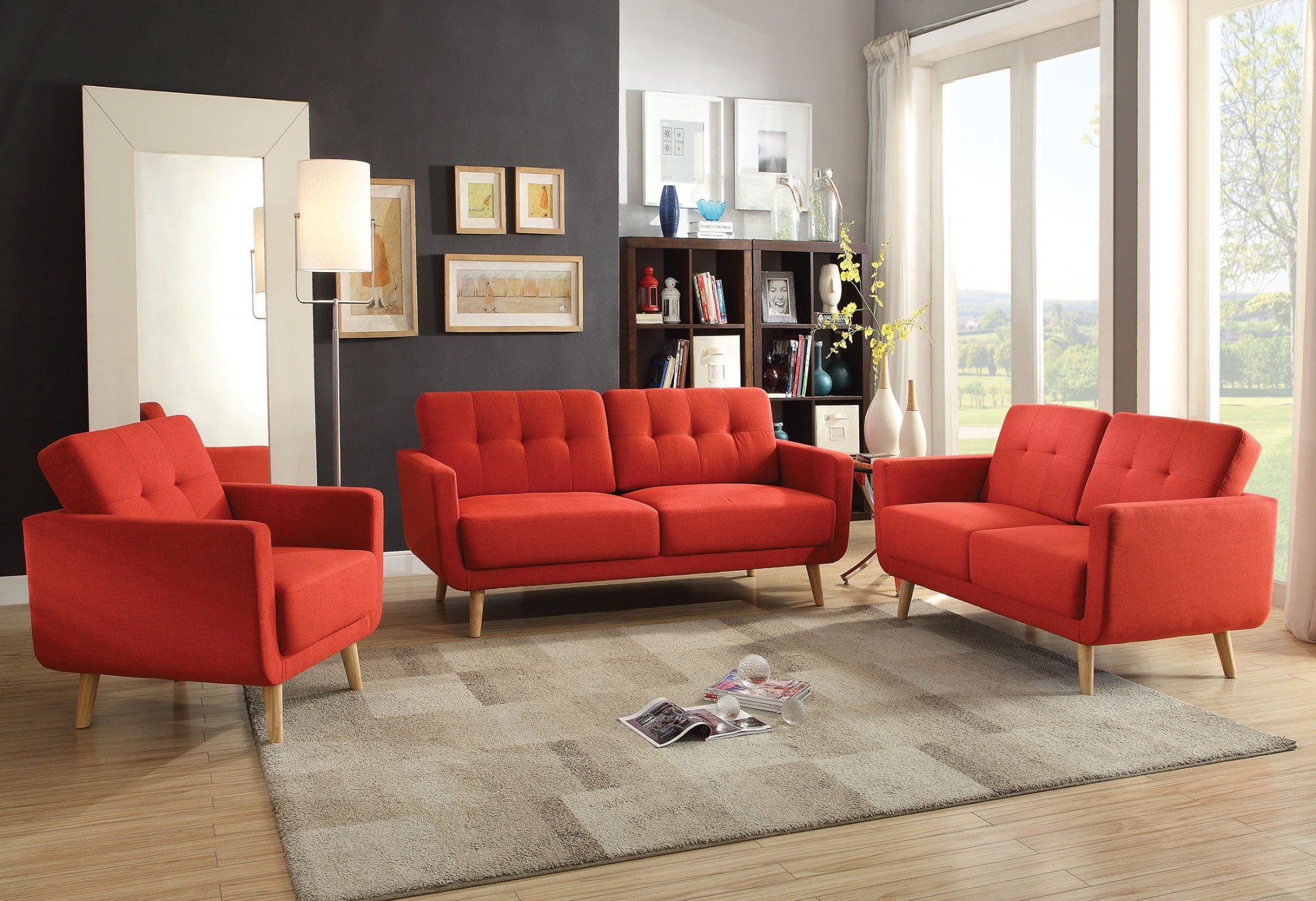 74" X 31" X 35" Red Linen Sofa
