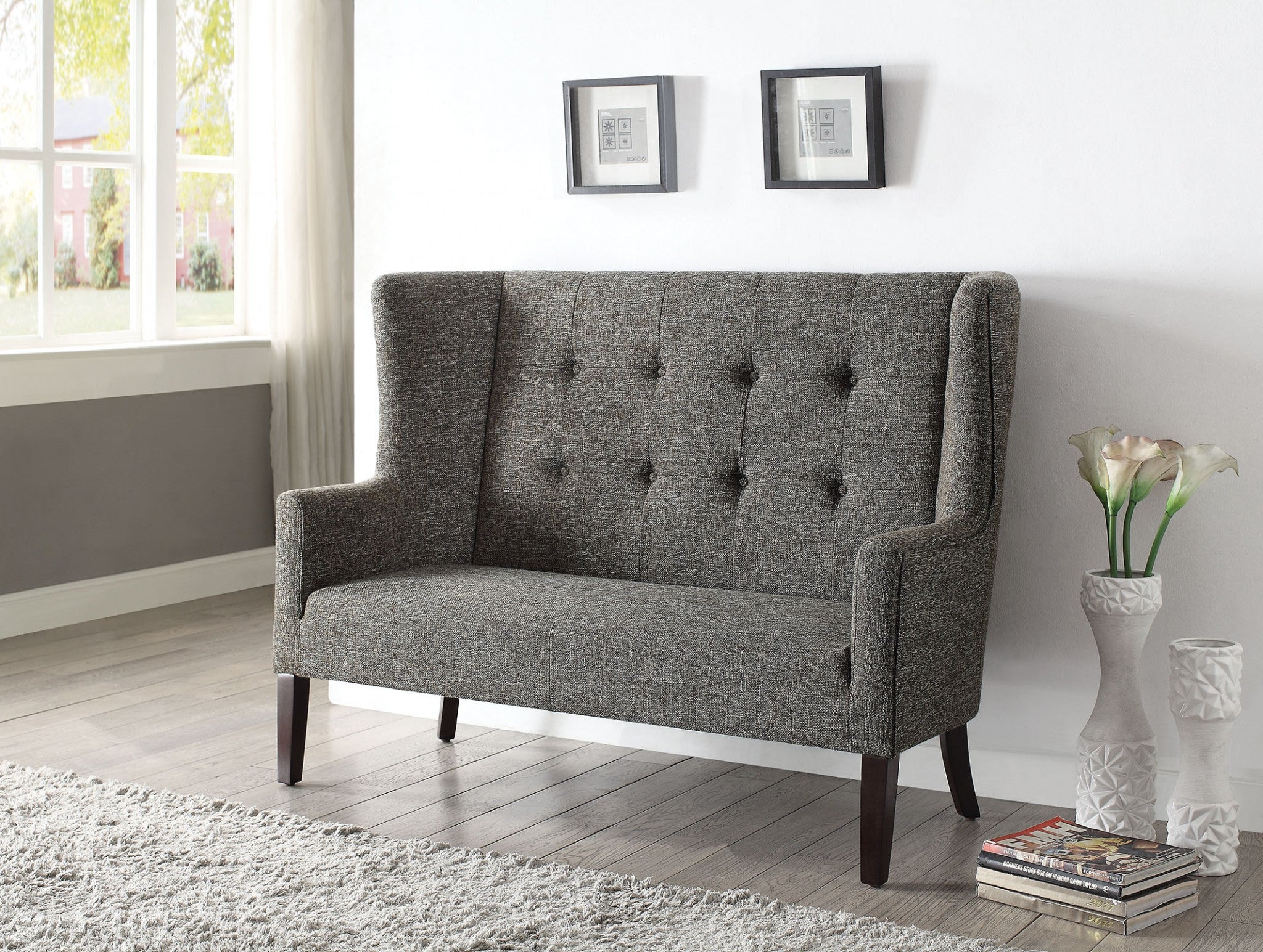 56" X 27" X 42" Gray Fabric And Espresso Settee