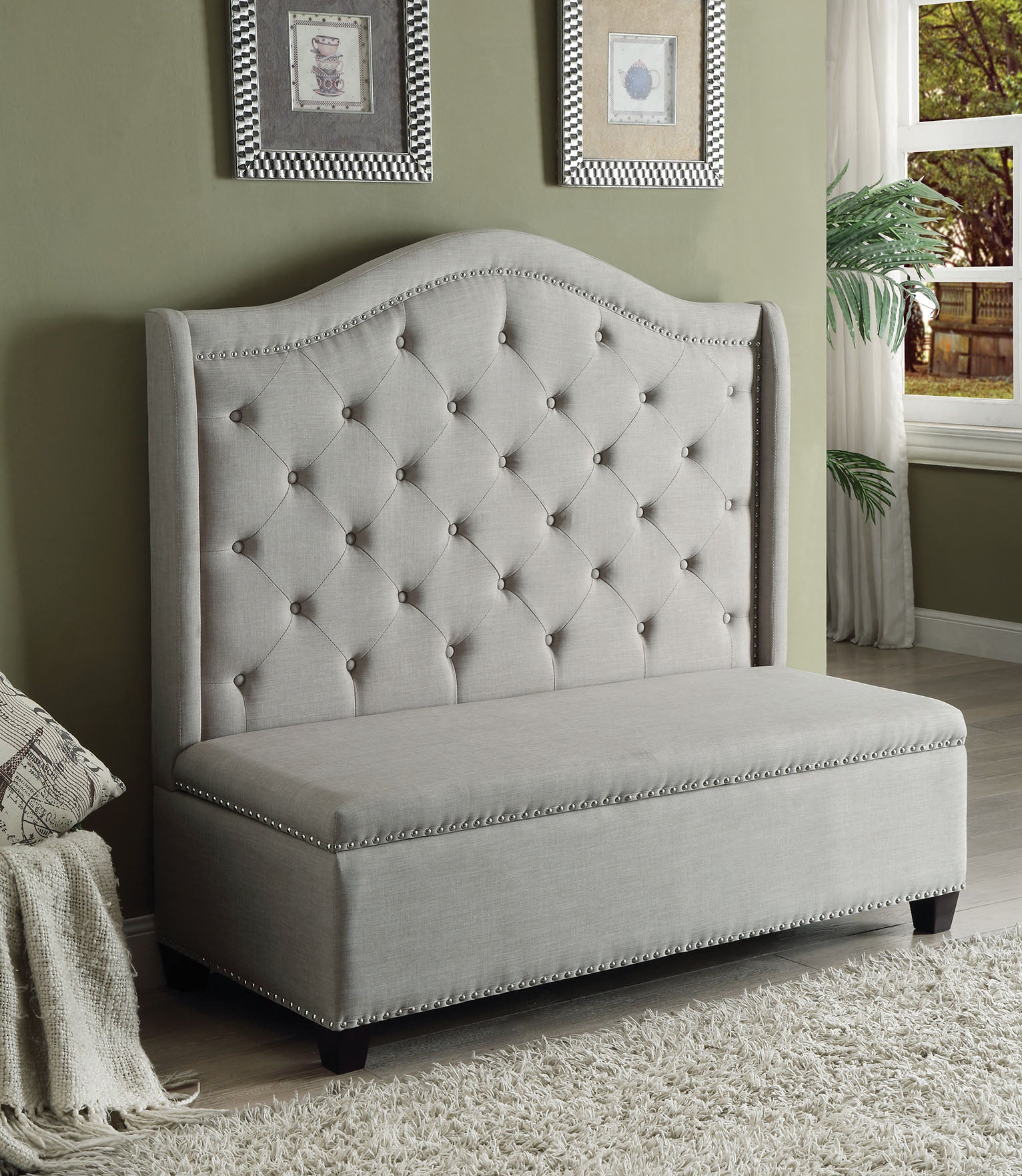 54" X 22" X 50" Beige Fabric And Espresso Settee With Storage