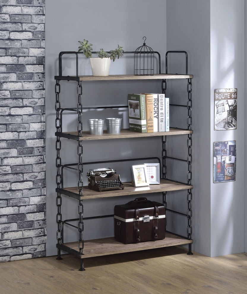 36" X 16" X 59" Rustic Oak And Antique Black Particle Board Bookshelf