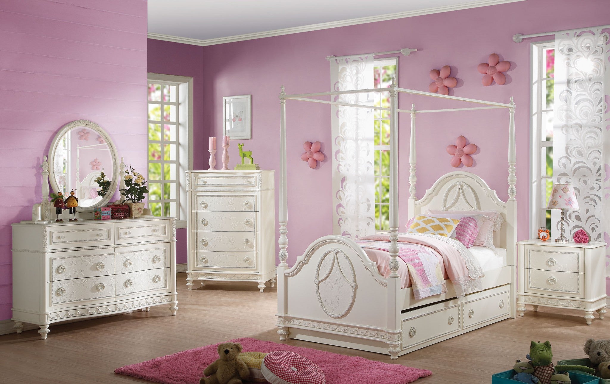82" X 44" X 78" Ivory Wooden Twin Poster Bed