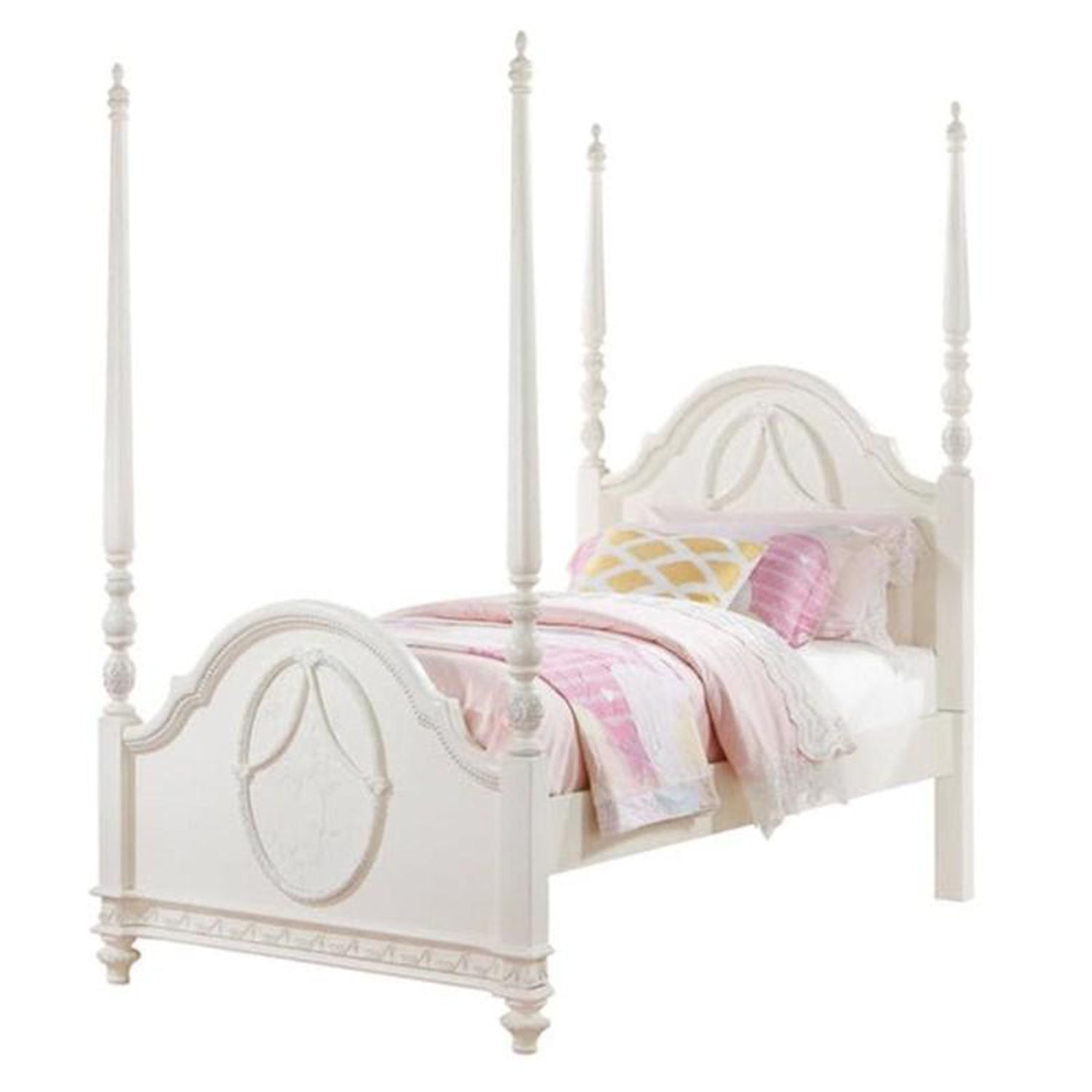 82" X 44" X 78" Ivory Wooden Twin Poster Bed