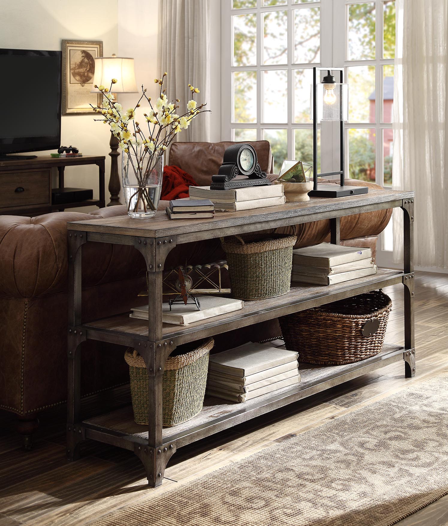 60" X 16" X 30" Weathered Oak And Antique Silver Console Table