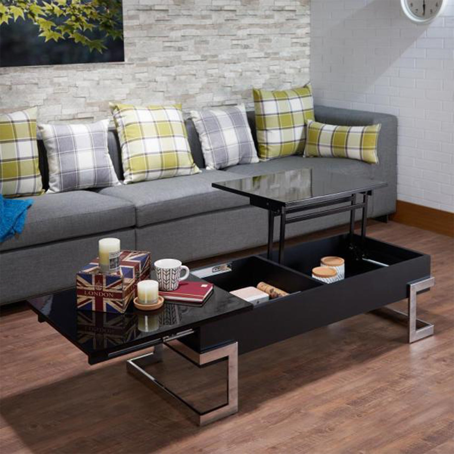 47" X 20" X 14-24" Black And Chrome Particle Board Coffee Table