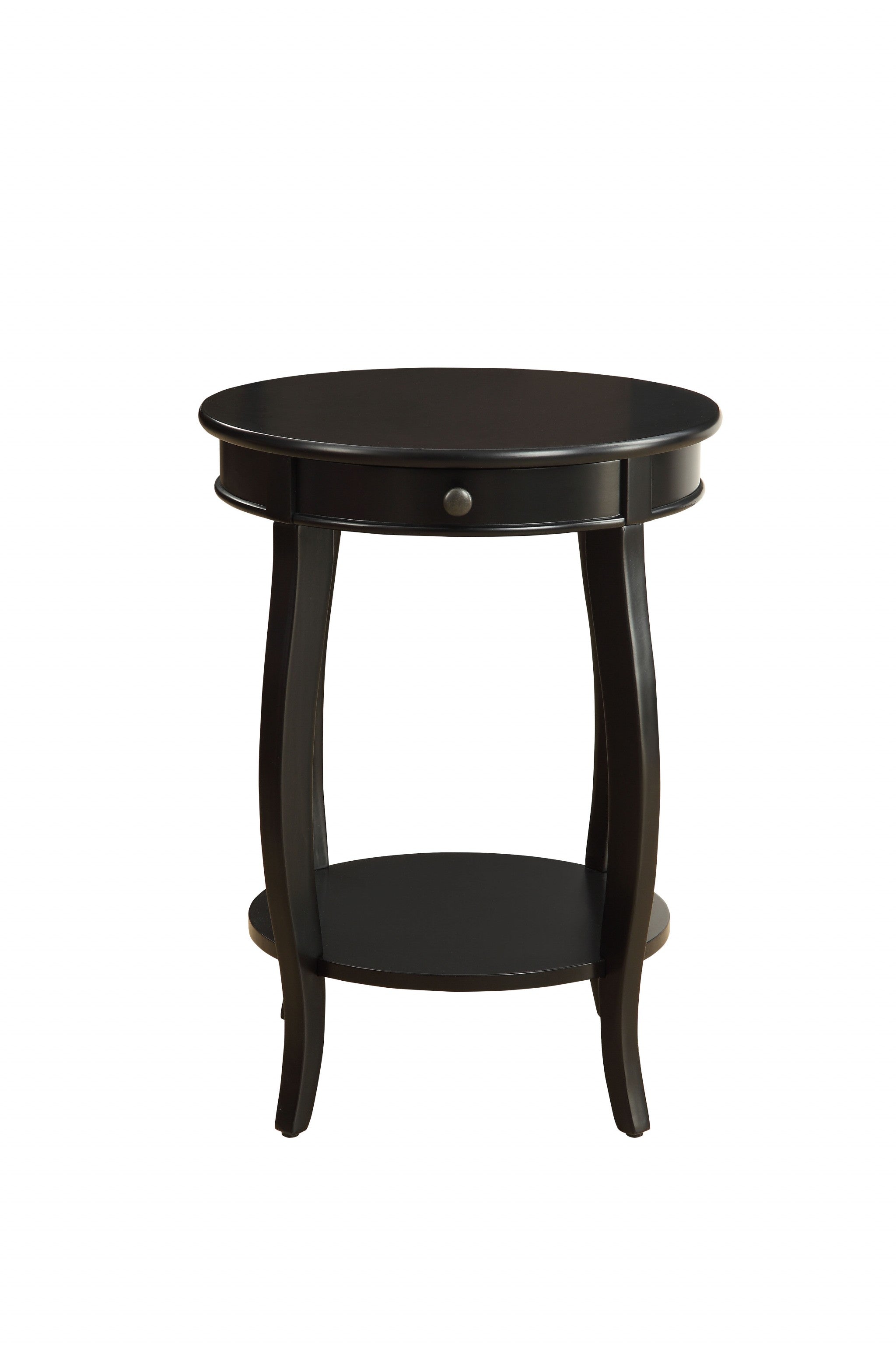 Round Black Wood End Table with Storage and Shelf