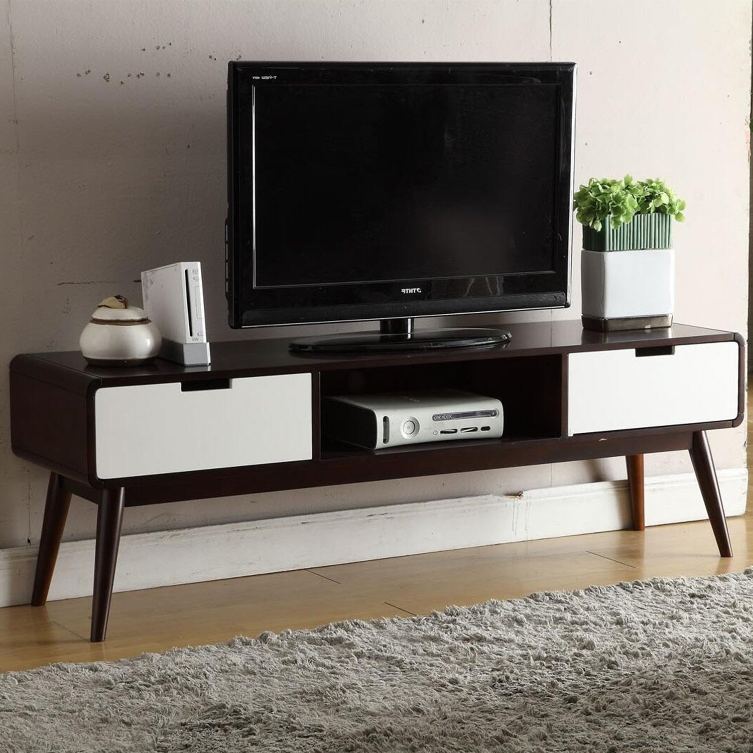 59" X 16" X 19" Espresso And White Mdf Tv Stand