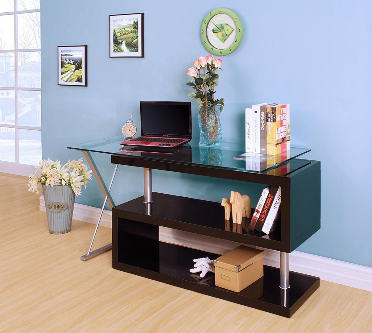 55" X 47" X 30" Black High Gloss & Clear Glass Office Desk