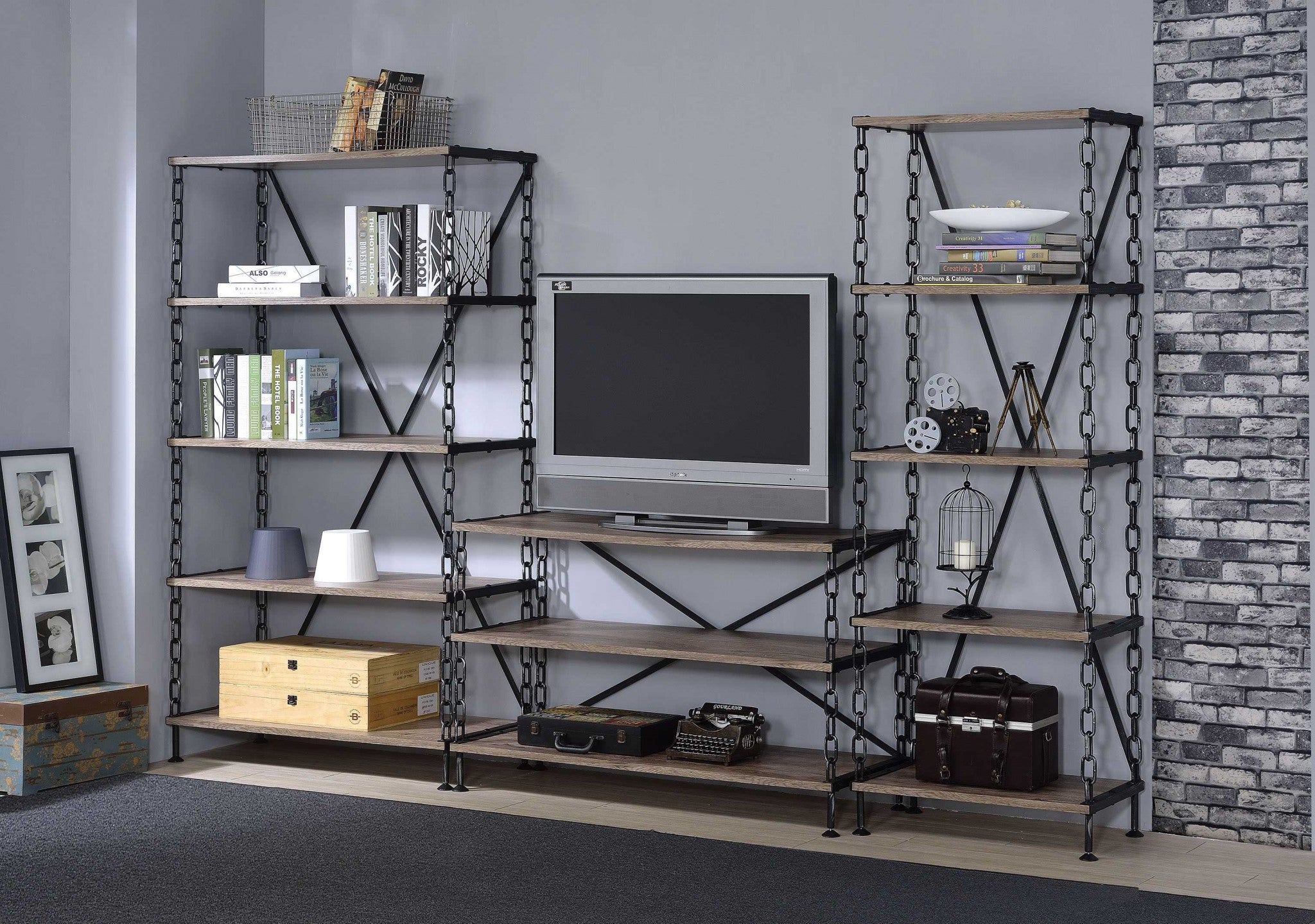 48" X 18" X 31" Rustic Oak And Antique Black Tv Stand