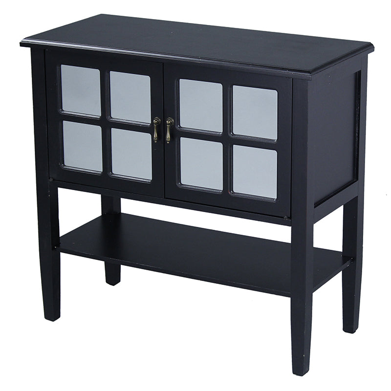 32" X 14" X 30" Black MDF  Wood  Mirrored Glass Console Cabinet with a Shelf Doors and Paned Inserts