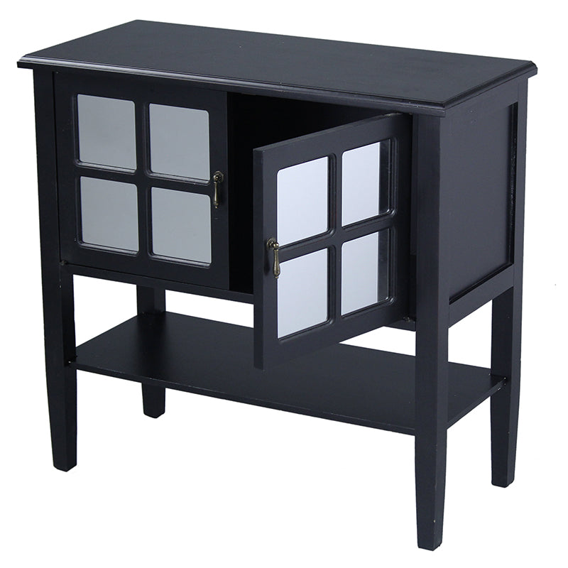 32" X 14" X 30" Black MDF  Wood  Mirrored Glass Console Cabinet with a Shelf Doors and Paned Inserts