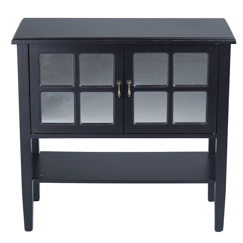 32" X 14" X 30" Black MDF  Wood  Mirrored Glass Console Cabinet with a Shelf Doors and Paned Inserts