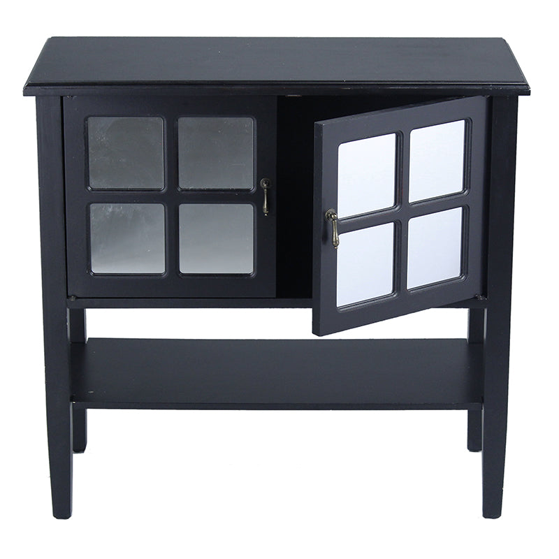 32" X 14" X 30" Black MDF  Wood  Mirrored Glass Console Cabinet with a Shelf Doors and Paned Inserts