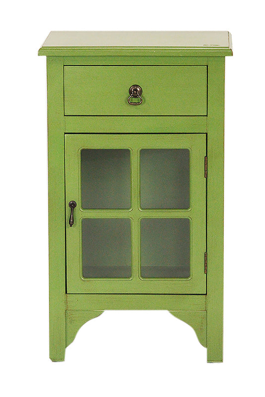 18" X 13" X 30" Green MDF  Wood  Clear Glass Accent Cabinet with a Drawer and  Door and Paned Inserts