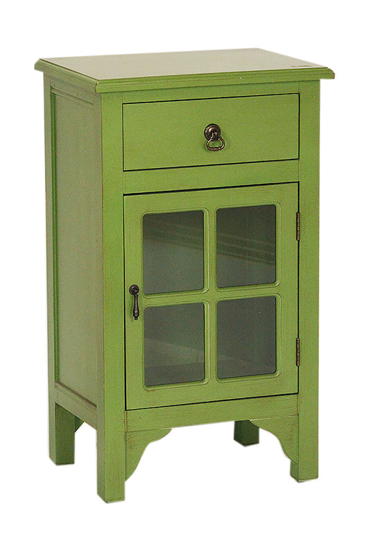 18" X 13" X 30" Green MDF  Wood  Clear Glass Accent Cabinet with a Drawer and  Door and Paned Inserts
