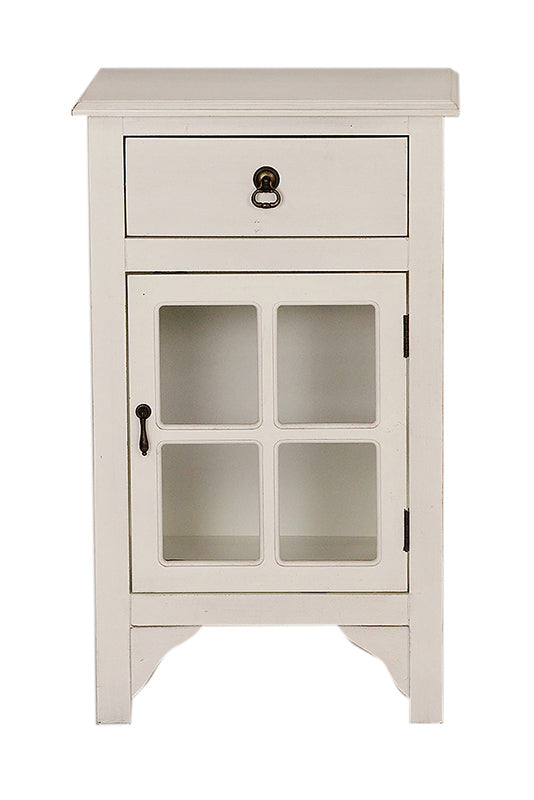 18" X 13" X 30" Antique White MDF  Wood  Clear Glass Cabinet with a Drawer and a Door