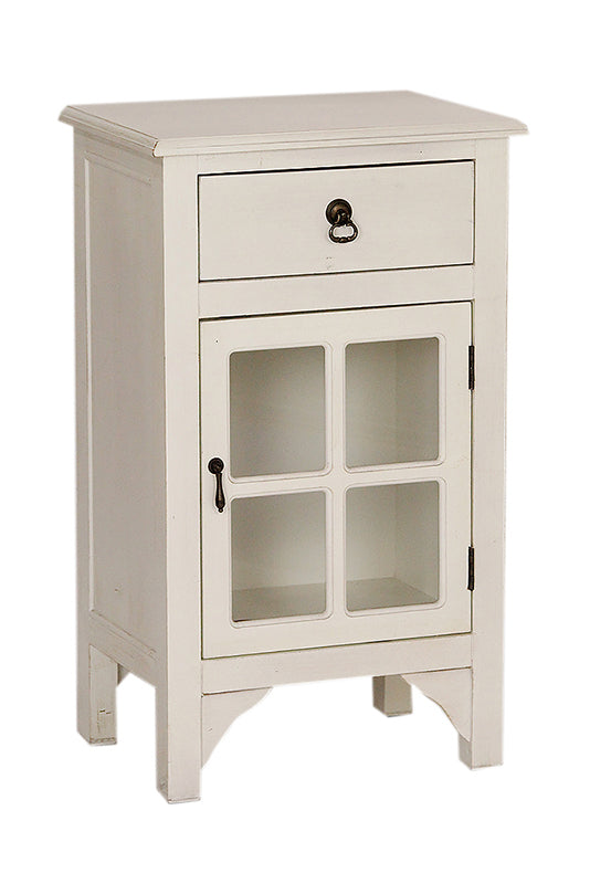 18" X 13" X 30" Antique White MDF  Wood  Clear Glass Cabinet with a Drawer and a Door