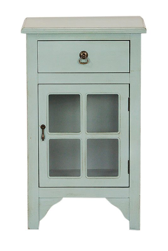 18" X 13" X 30" Aqua MDF  Wood  Clear Glass Accent Cabinet with a Drawer and  Door and Paned Inserts