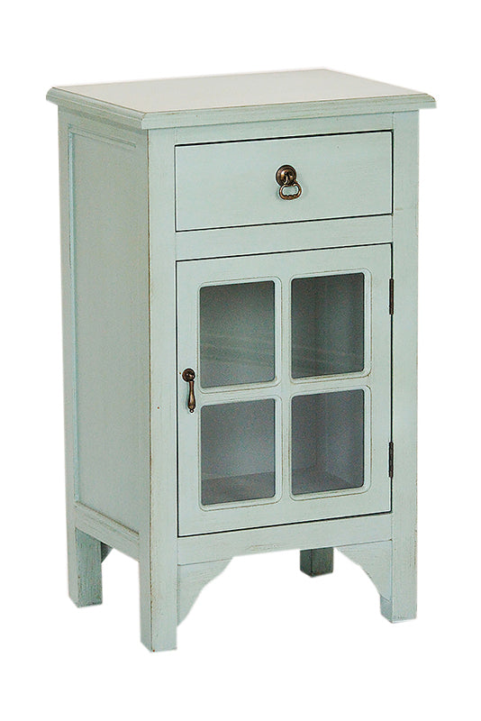 18" X 13" X 30" Aqua MDF  Wood  Clear Glass Accent Cabinet with a Drawer and  Door and Paned Inserts