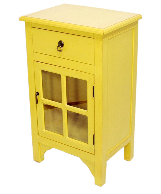 18" X 13" X 30" Yellow MDF  Wood  Clear Glass Accent Cabinet with a Drawer and  Door and Paned Inserts