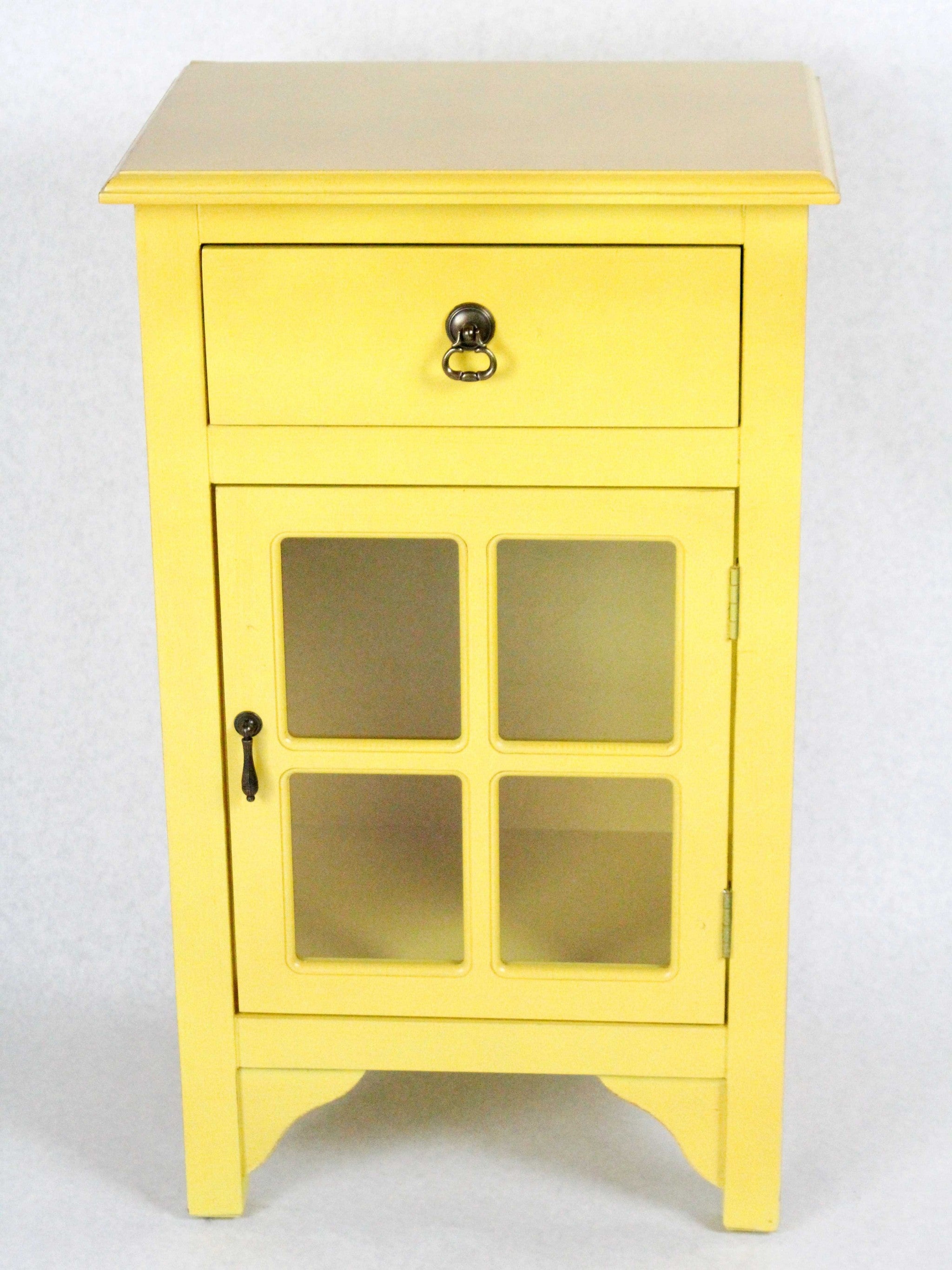 18" X 13" X 30" Yellow MDF  Wood  Clear Glass Accent Cabinet with a Drawer and  Door and Paned Inserts