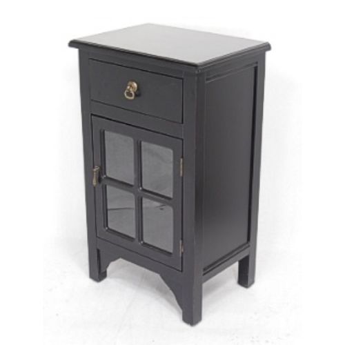 18" X 13" X 30" Black MDF  Wood  Clear Glass Accent Cabinet with a Drawer and  Door and Paned Inserts