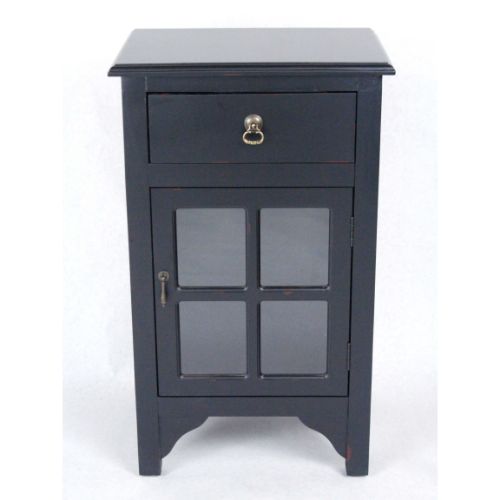 18" X 13" X 30" Black MDF  Wood  Clear Glass Accent Cabinet with a Drawer and  Door and Paned Inserts