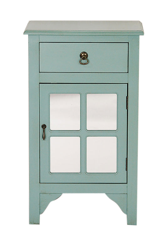 18" X 13" X 30" Aqua MDF  Wood  Mirrored Glass Accent Cabinet with a Drawer and  Door and Paned Inserts