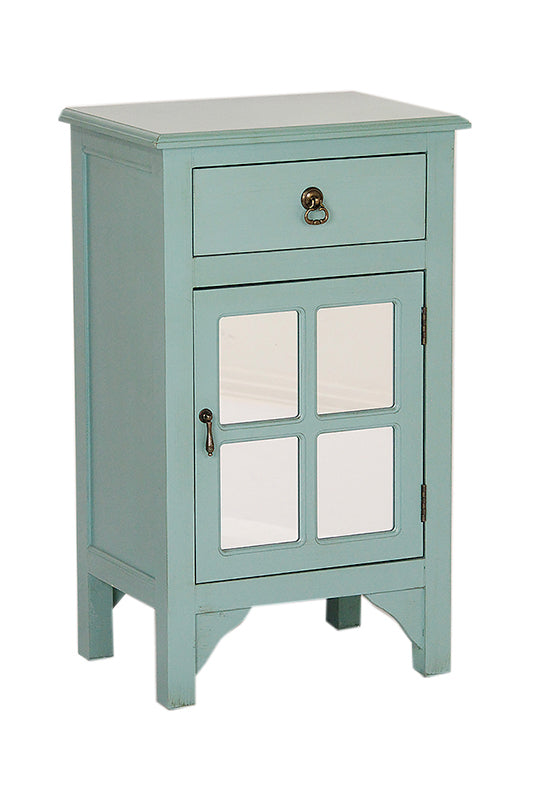 18" X 13" X 30" Aqua MDF  Wood  Mirrored Glass Accent Cabinet with a Drawer and  Door and Paned Inserts